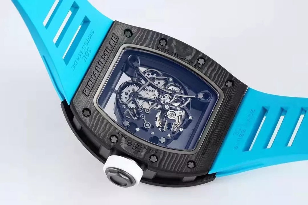 White Dial Black Bezel Blue Rubber Strap Skeleton Watch S806