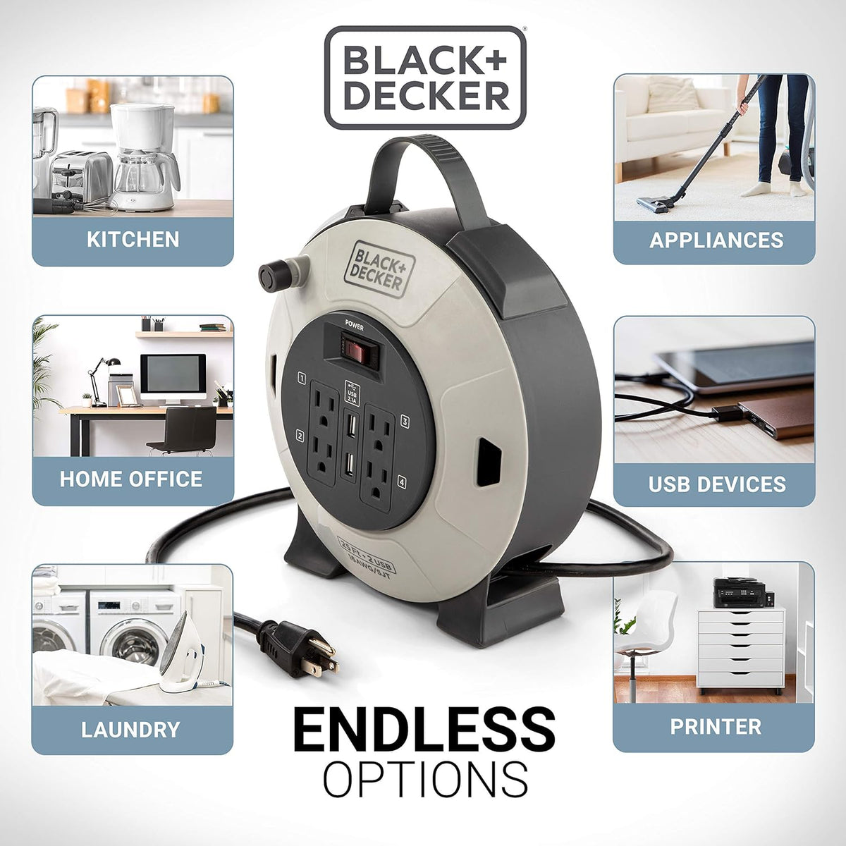 Retractable Extension Cord, 25 ft, 4 Outlets, 2 USB Ports, 16AWG SJT Cable A505468