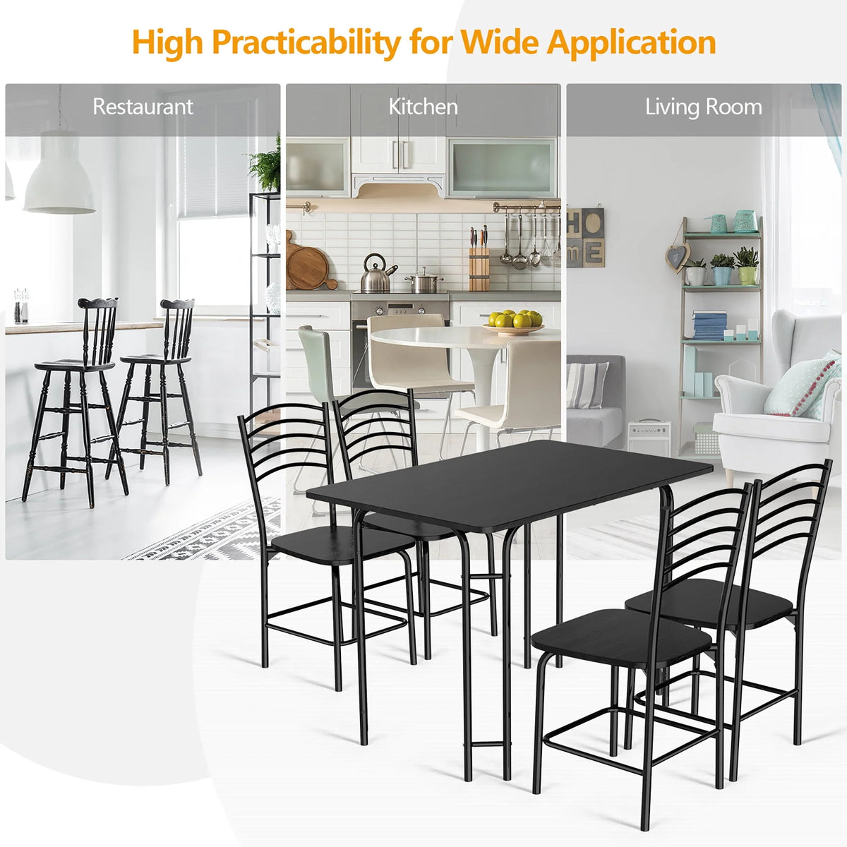 5 Pcs Modern Dining Table Set 4 Chairs Steel Frame Black N851037